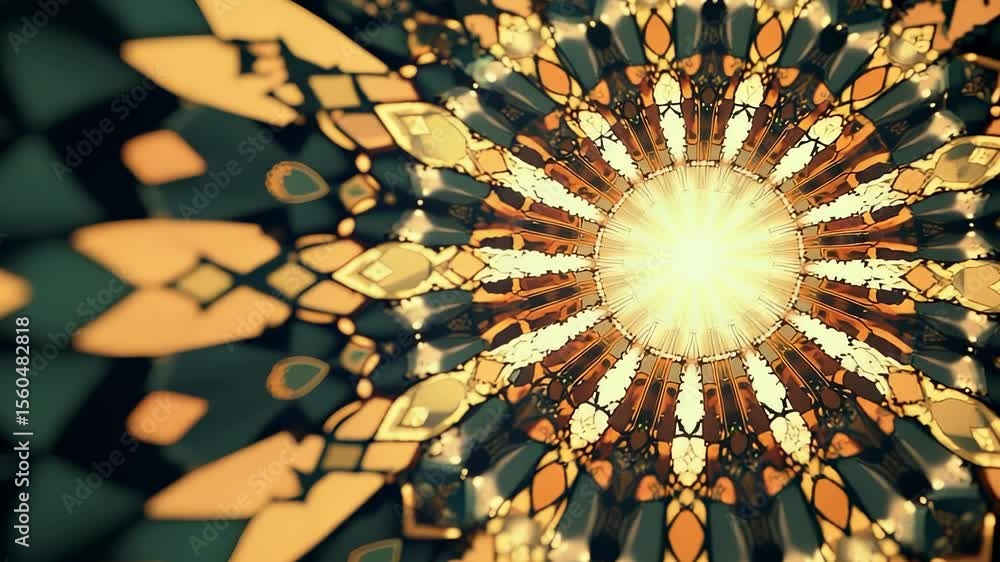 Poster abstract art: kaleidoscope effect with geometric patterns and light burst animation