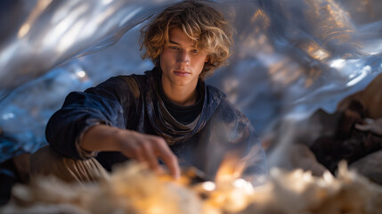 Fototapeta premium Cave fire shelter with a person tending fire in a damp jacket