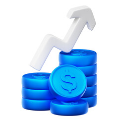 3D Financial Growth Icon. Stack of dollar coins with rising upward arrow. Business profit increase, investment return (ROI), and economic success concept