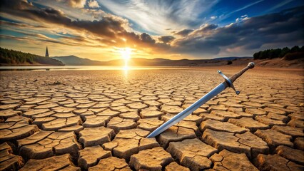 A dry riverbed with cracked earth and a lone sword