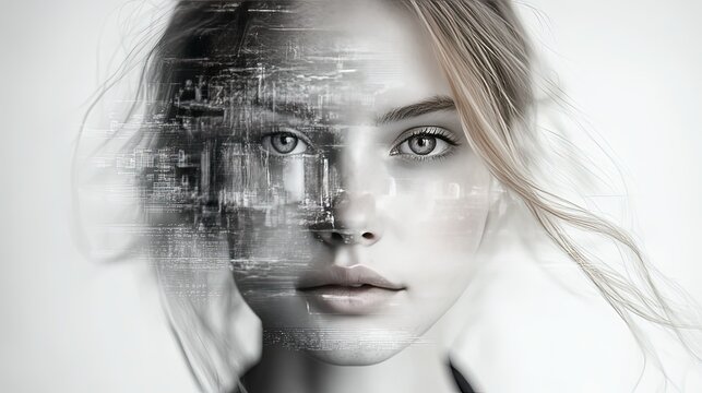 "Glitch Art Portrait: Blurred Digital Overlay on Female Face with Light Hair, Ideal for Tech or Creative Projects" - Powered by Adobe