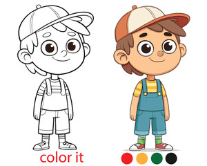Smiling Cartoon Boy in Overalls and Cap – Friendly Young Boy Character in Bright, Whimsical Style