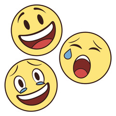 Three yellow emojis displaying different emotions including laughter and crying with tears shown clearly