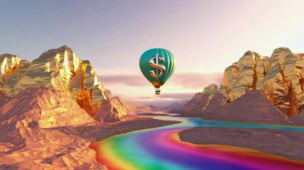 Hot air balloon with a $ sign floating over a surreal pastel landscape with rainbow rivers and gold mountains