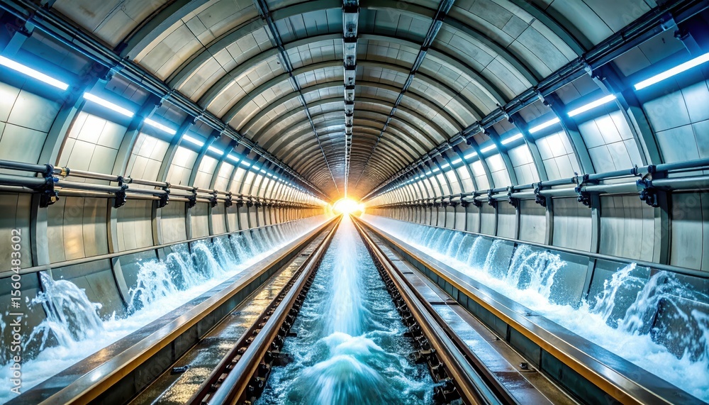 Poster dynamic water flow in metro tunnel with uv glow and high angle view