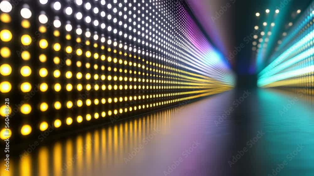 Poster dynamic led wall display with vibrant colors and reflected floor surfaces background
