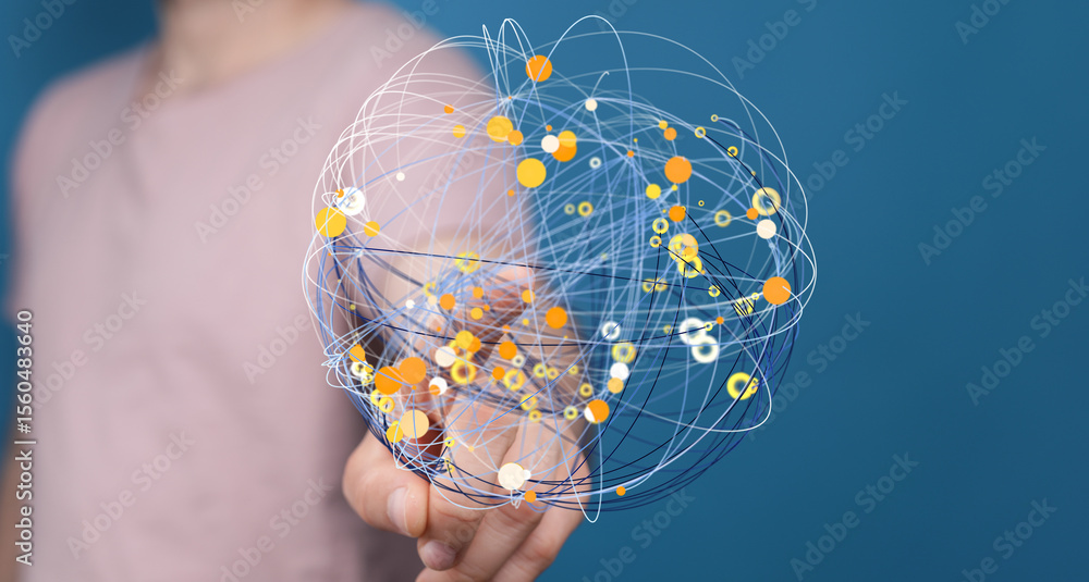Aufkleber Abstract image of a person interacting with a digital network, representing global connectivity and data flow.