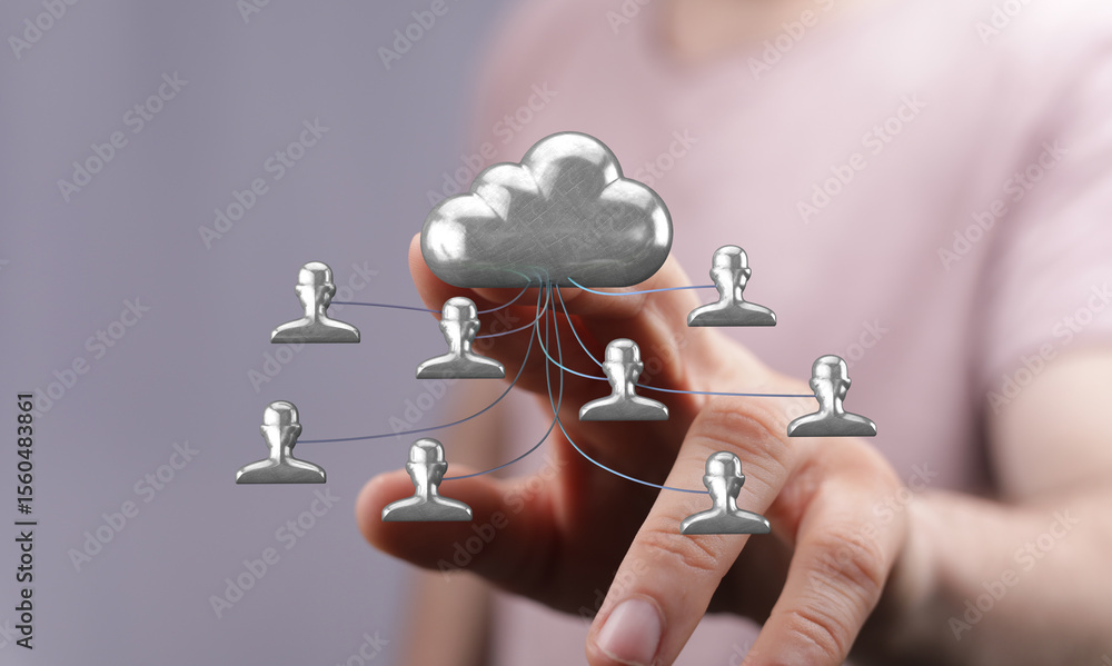 Poster Image depicts secure cloud data sharing. Ideal for technology, teamwork, and collaboration concepts.