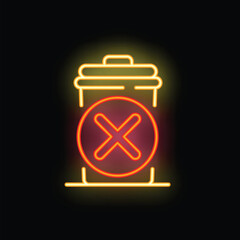 Glowing neon sign of a trash can with a cross through it, on a black background