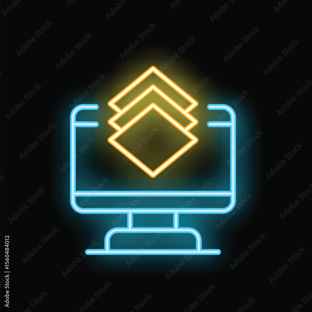 Aufkleber neon computer icon glowing on dark background, representing digital design software and creative wor