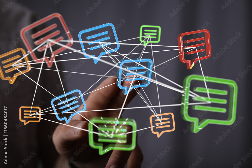Poster abstract image of interconnected speech bubbles, representing global communication and networking.