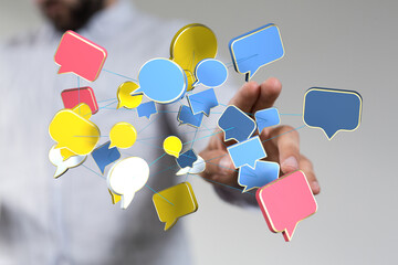 Abstract image of interconnected speech bubbles, symbolizing global communication and networking.