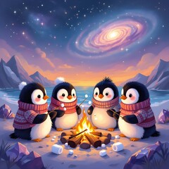 Cute illustration of penguins roasting marshmallows around a camp fire in the artic 