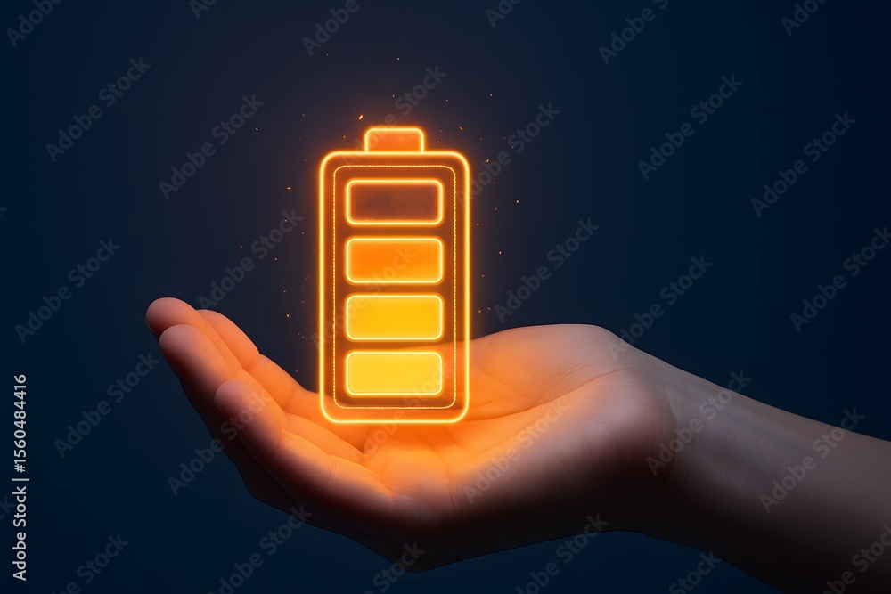 Poster glowing battery icon in hand against dark background for technology use