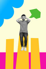 3d poster image vertical pop art collage of happy manager girl guy stand chart bubble development...