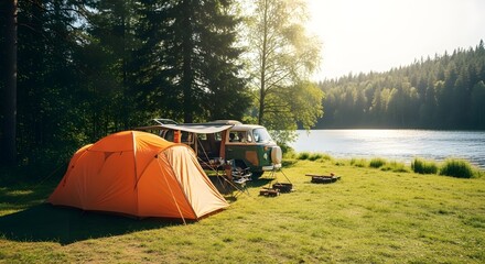 A camping scene with a tent and camper van near a lake surrounded by trees on a sunny day outdoors