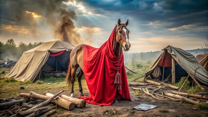 A red-cloaked horse standing beside a destroyed tent