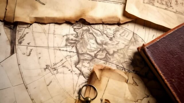 Vintage world map with old paper scroll, compass, and book providing a historical explorer aesthetic for travel and adventure concepts.