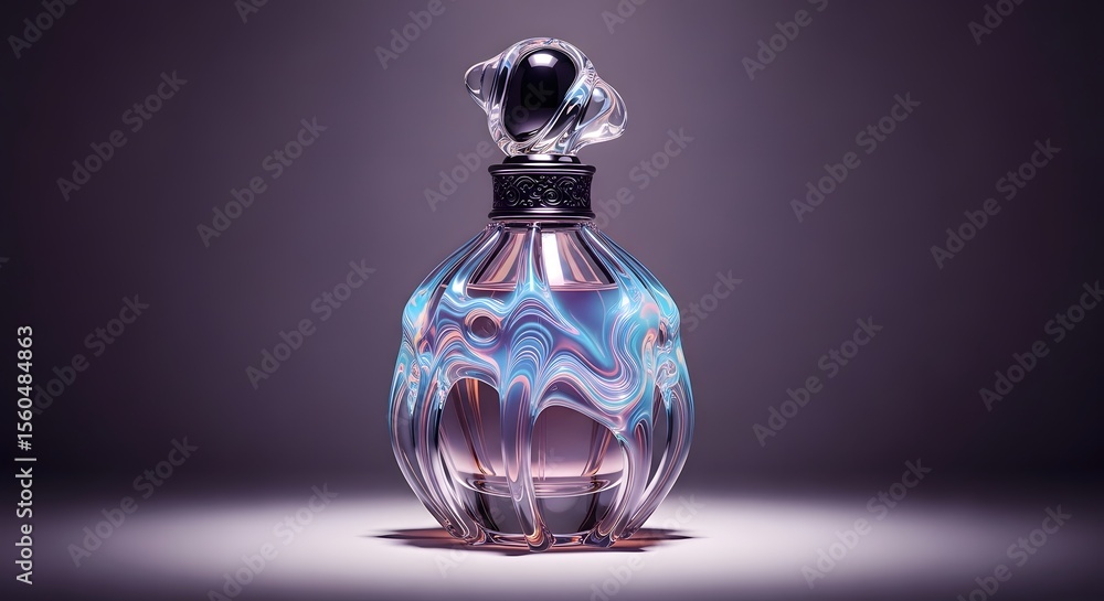 Poster a perfume bottle with a unique design and a black cap on a purple background in a studio setting
