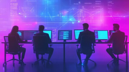 Team of professionals engaged in data analysis at futuristic workspace with vibrant digital displays - Powered by Adobe