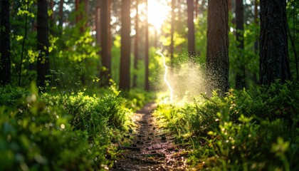 Fototapeta premium Sunlight Through Forest Trees Illuminates Sprays on Woodland Trail