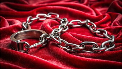 A symbolic pair of shackles and chains on red velvet