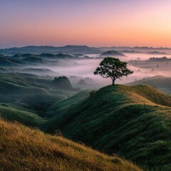 Sunrise over rolling hills with lone tree