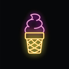 Neon sign illuminating a delicious ice cream cone with sprinkles on top on dark background