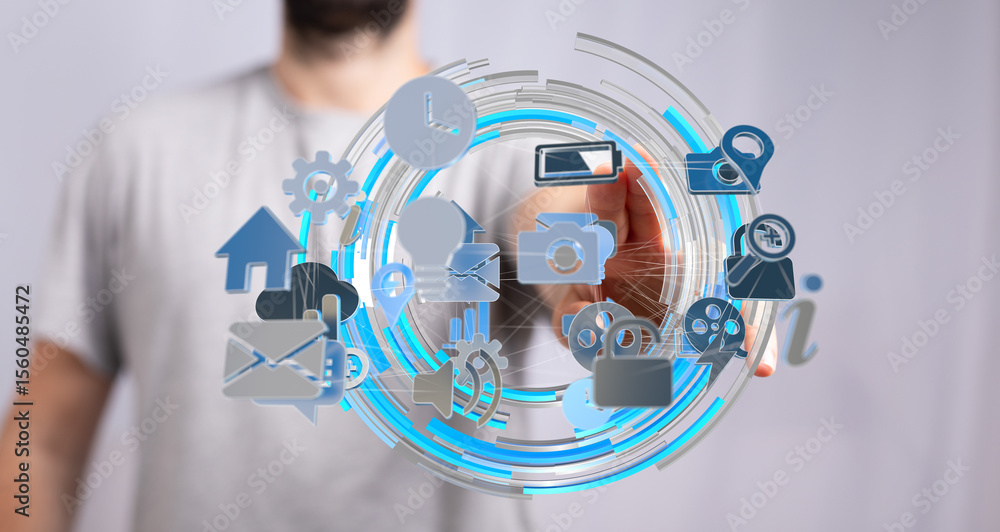 Poster a man interacts with a digital interface displaying various application icons, representing modern t