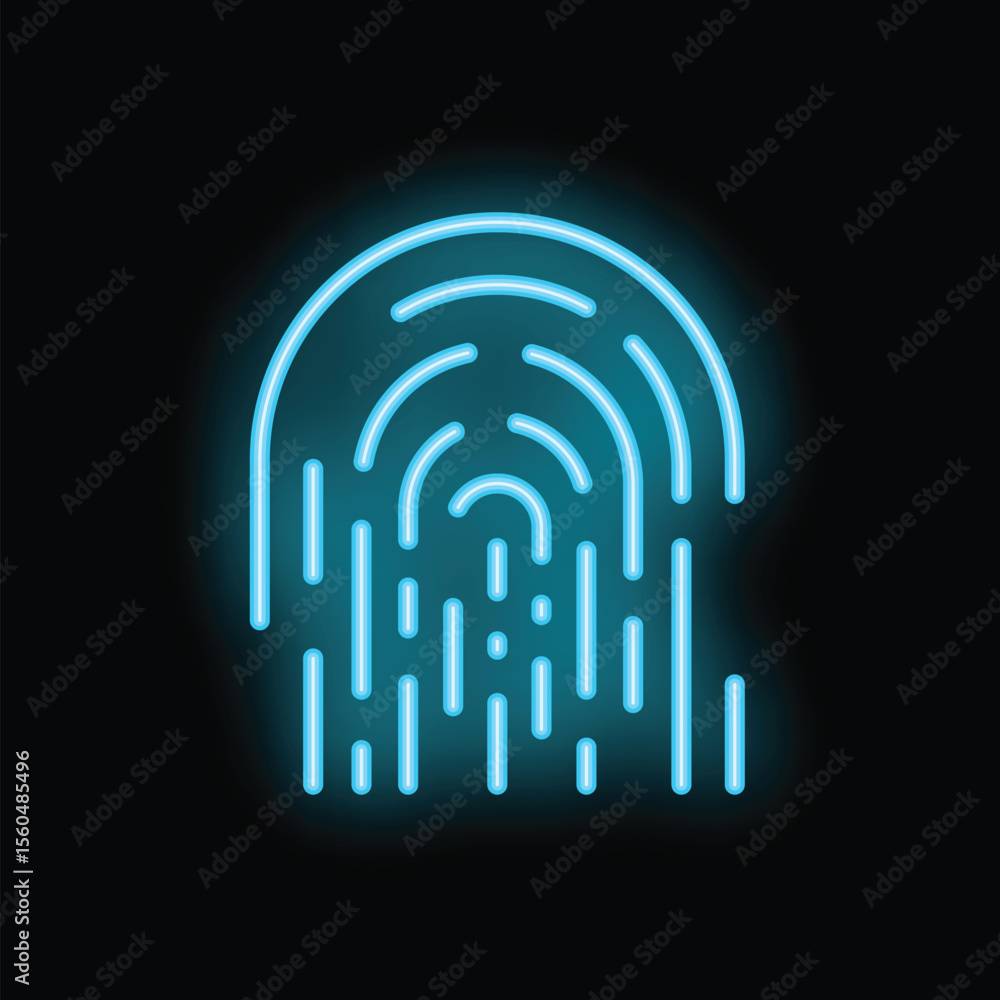 Poster blue neon fingerprint shining on black background representing identity, security and access