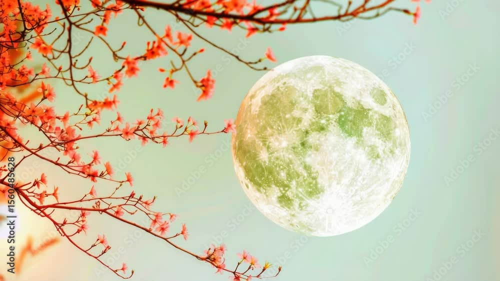 Poster image of a full moon shining through the branches of a tree, useful for landscape or nature-themed d