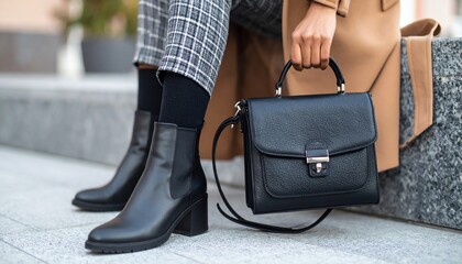 Stylish closeup of a woman wearing black leather ankle high heel boots and holding a trendy black leather bag