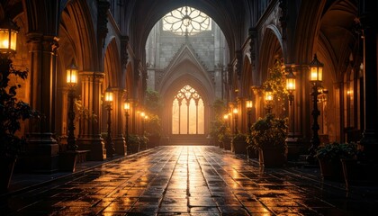 Fototapeta premium Gothic Courtyard with Golden Hour Glow and Rain-Blurred Lights
