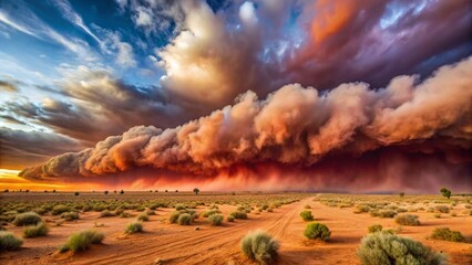 Dusty red clouds rolling over the barren plains