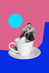 Creative image vertical photo collage of happy girl guy stand coffee cup drink herbal tea beverage...
