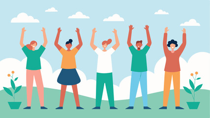 Fototapeta premium A group of individuals standing outdoors practicing deep breathing as they raise their arms above their heads and stretch their bodies releasing tension and promoting mindfulness.. Vector illustration