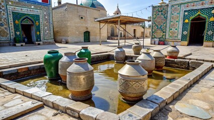 Empty water jugs placed beside a dry well in Karbala