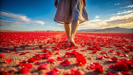 Feet walking through red flower petals in an Ashura walk