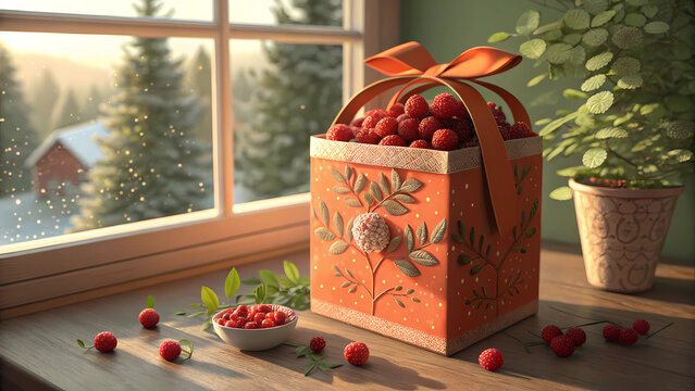A decorative box filled with raspberries sitting on a windowsill in front of a winter scene