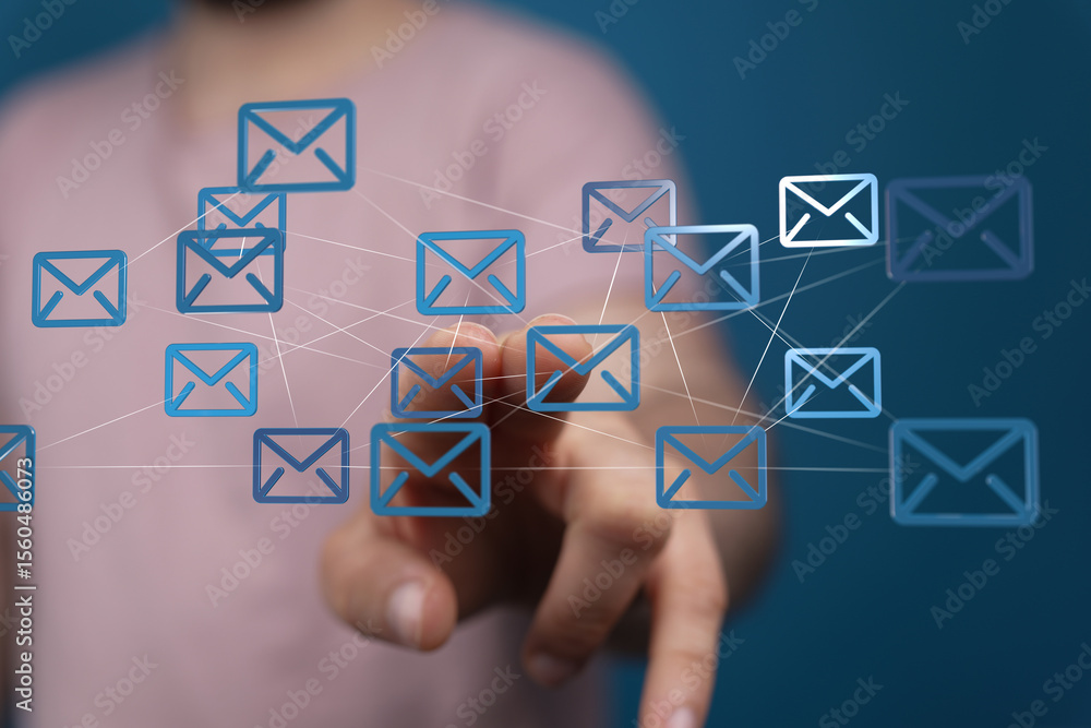 Poster hand interacting with digital email network. concept of global communication and connectivity.