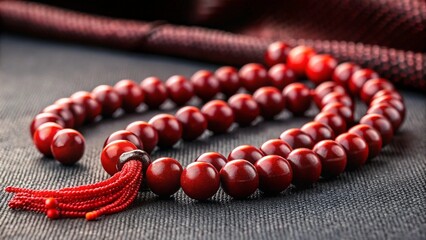 Red tasbih (prayer beads) resting on black cloth