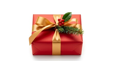 Beautiful Red Gift Box with Golden Ribbon and Festive Decorations