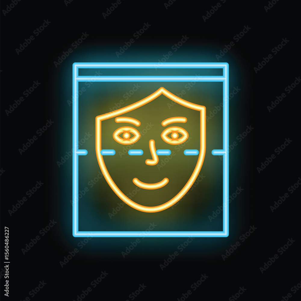 Poster neon icon of a face recognition system scanning the face of a person to verify their identity