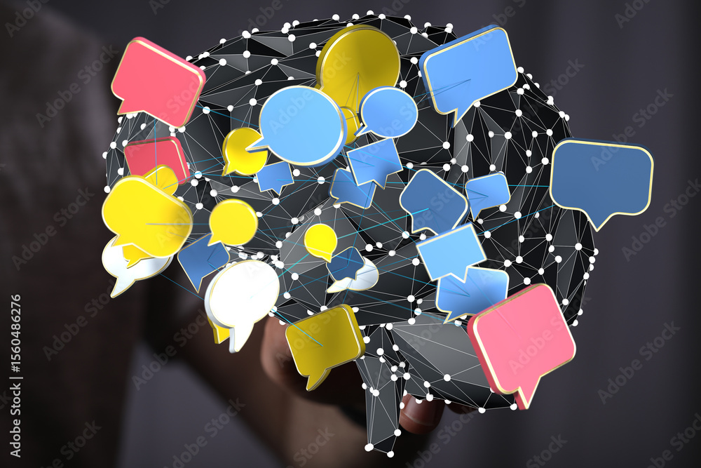 Poster abstract image of interconnected speech bubbles representing communication and ideas.
