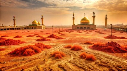 The barren martyrdom site at Karbala with sparse grass and swirling red dust