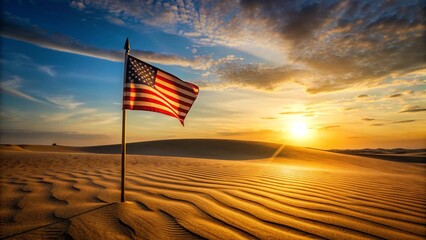 The silhouette of a lone flag planted in the desert sands