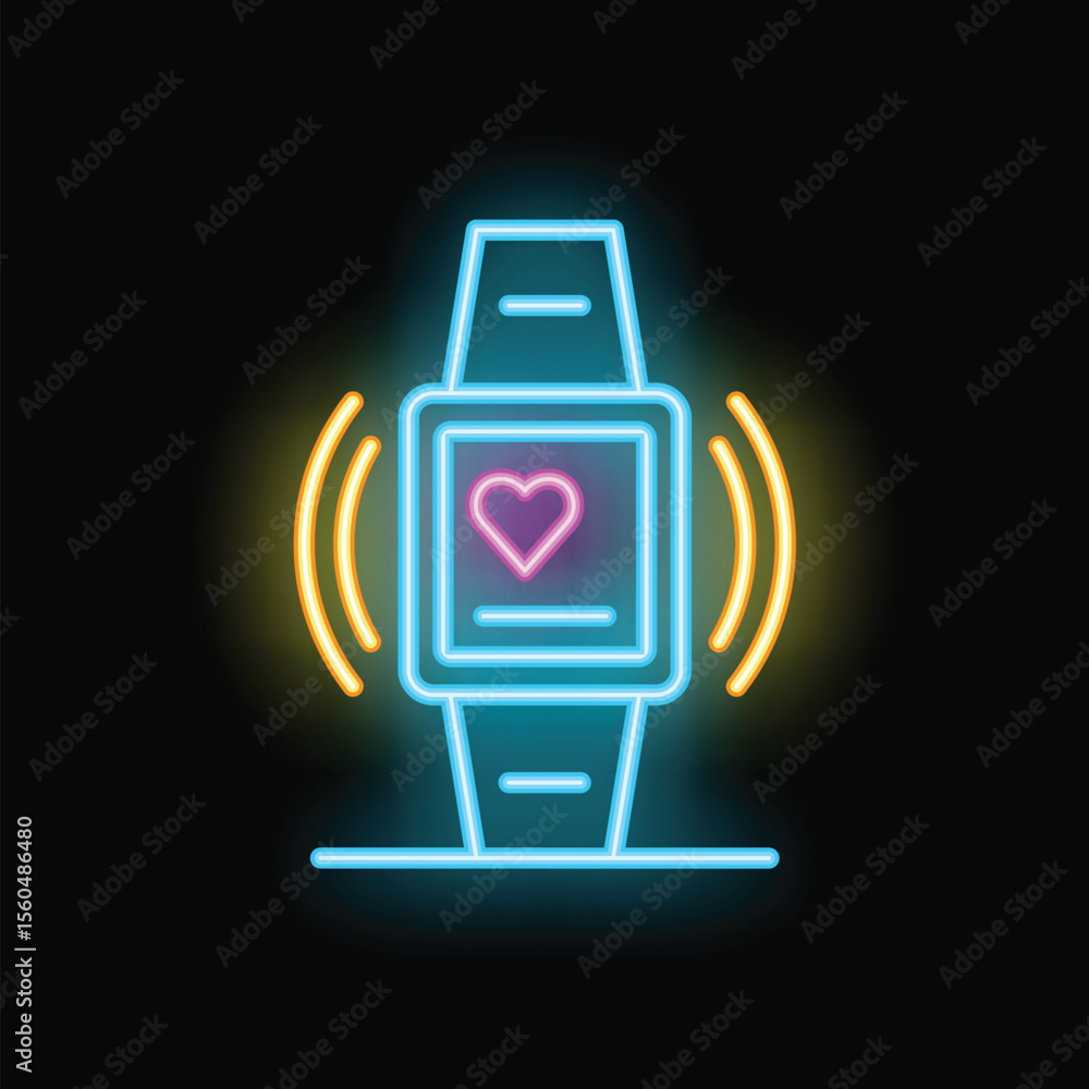 Poster neon smartwatch showing heart rate monitor interface with vibrating signal on black background