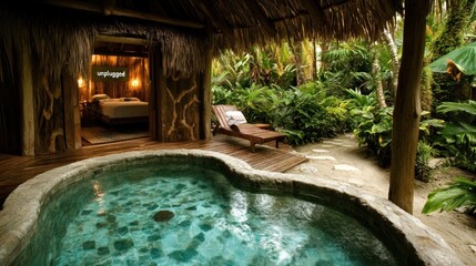Tropical hut with outdoor hot tub