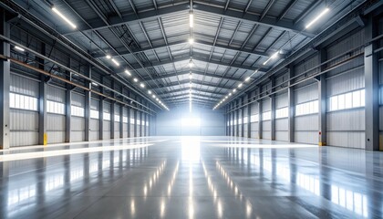 Bright Interior of an Empty Warehouse with Shimmering Surface