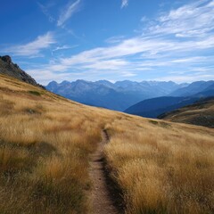 Mountain trail through golden grass